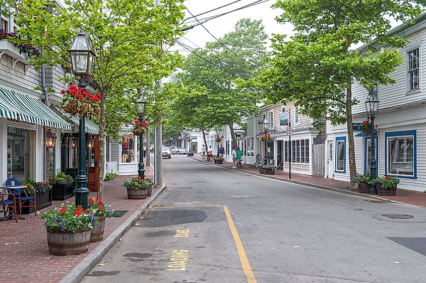 Urban scene from Edgartown during summer on a cloudy day at Martha's Vineyard.