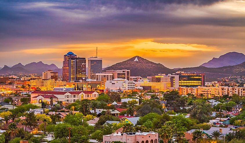 Tucson, Arizona, USA, downtown skyline with Sentinel Peak at dusk.