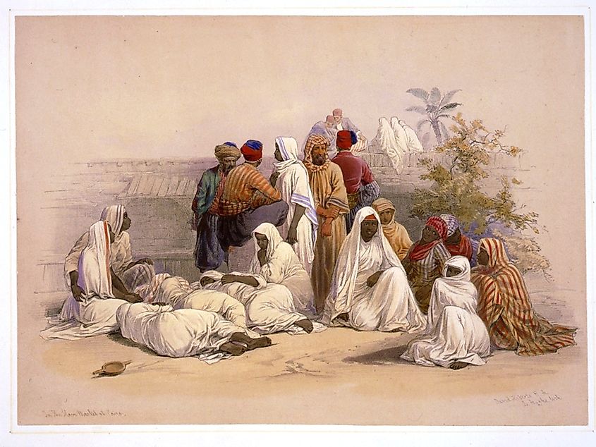 Barefooted slaves depicted in David Roberts' Egypt and Nubia, issued between 1845 and 1849, depicting victims of the slavery in Egypt.