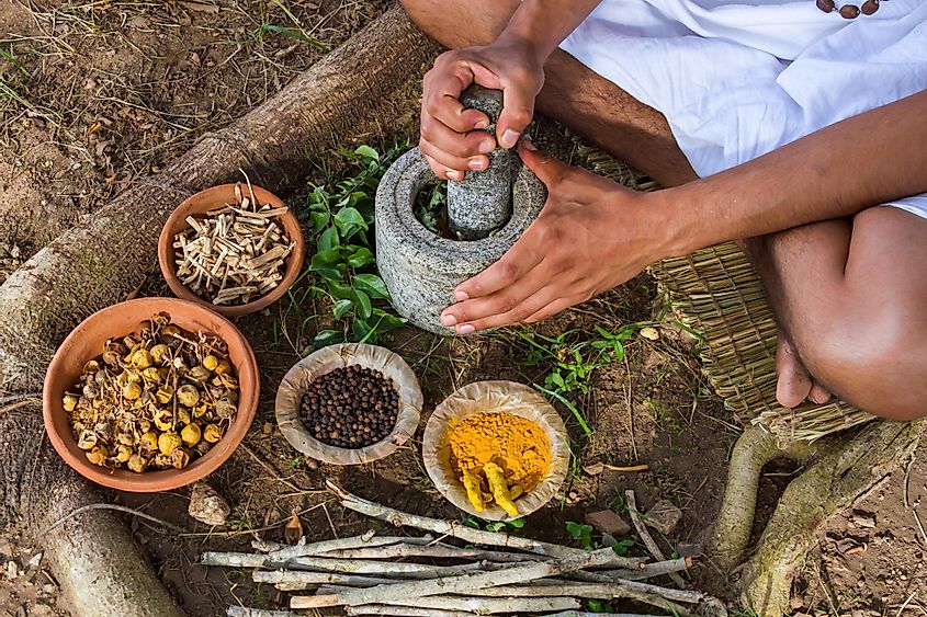Ayurvedic medicine is prepared from plant extracts with medicinal properties.