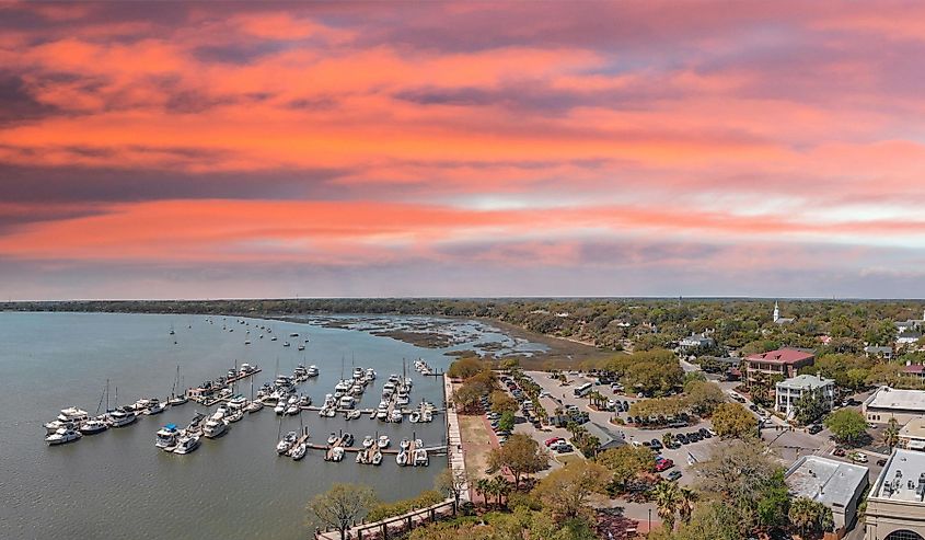 Aerial view of Beaufort, South Carolina at sunset.