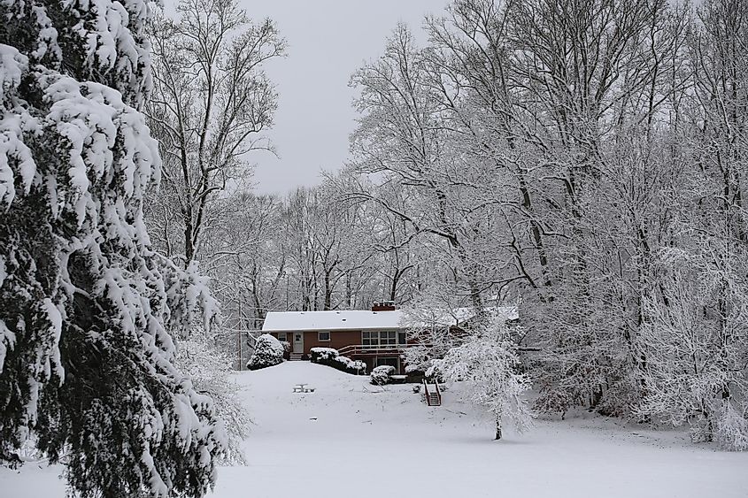 Home surrounded by snow-covered trees in Manchester, Tennessee.