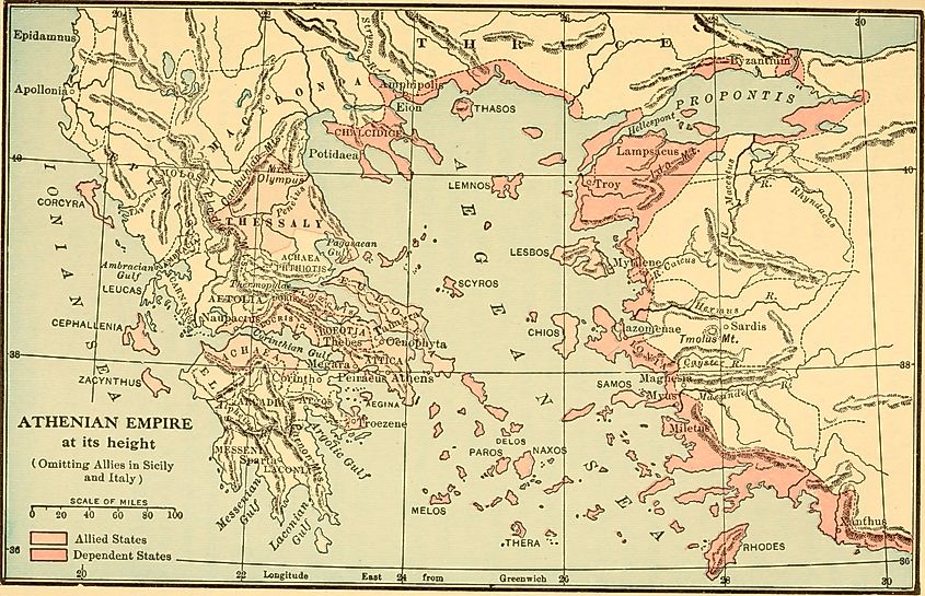 A map of the ancienty world depicting Athens' allied and dependent states.