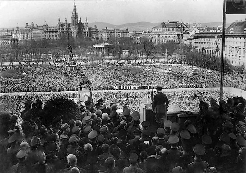 Hitler announces the Anschluss on the Heldenplatz, Vienna, 15 March 1938.