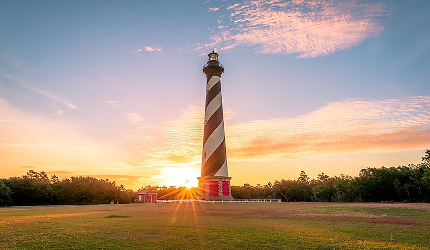 Cape Hatteras Lighthouse on Hatteras Island in the Outer Banks in the town of Buxton, North Carolina.