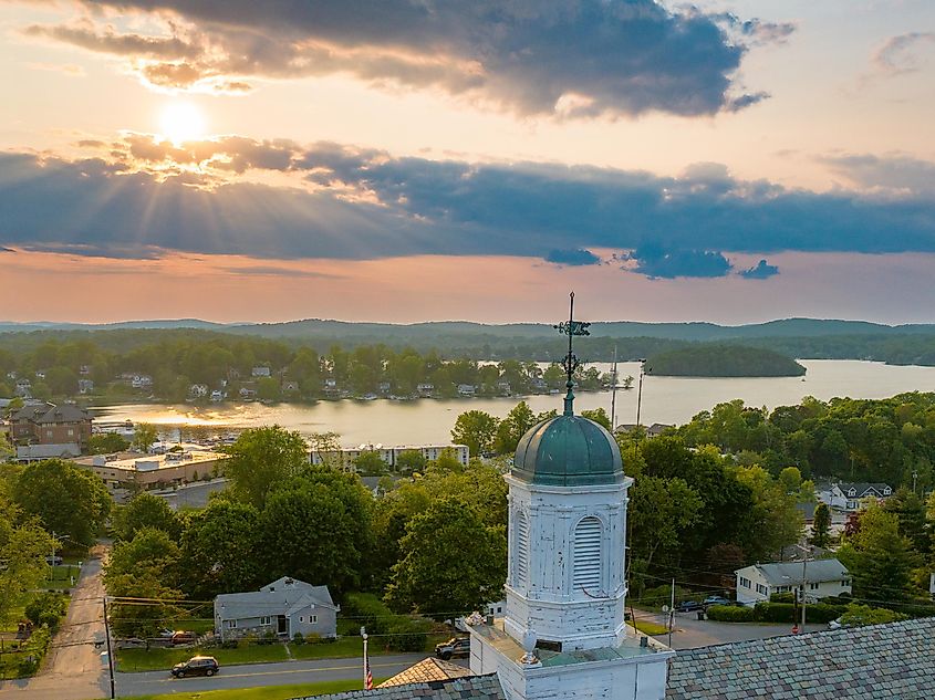 Late afternoon aerial photo of Lake Mahopac located in Town of Carmel, Putnam County, New York