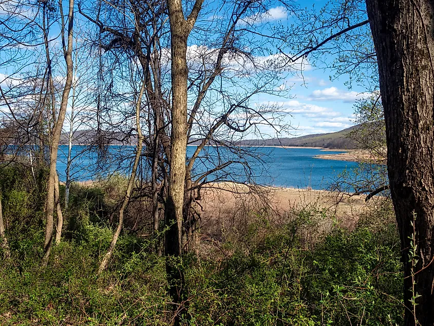 big round water reservoir of Round Valley Reservoir in state park in New Jersey