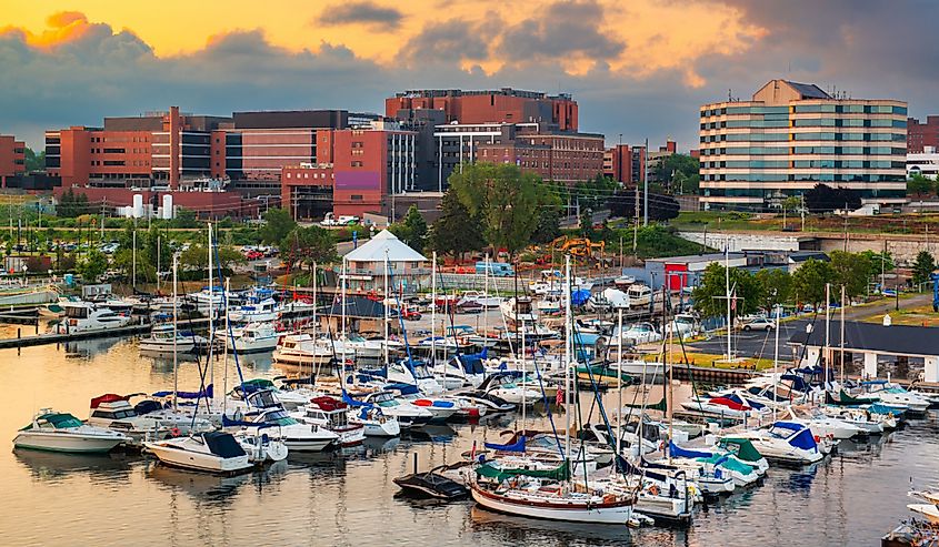 Erie, Pennsylvania, downtown on the bayfront at dusk.