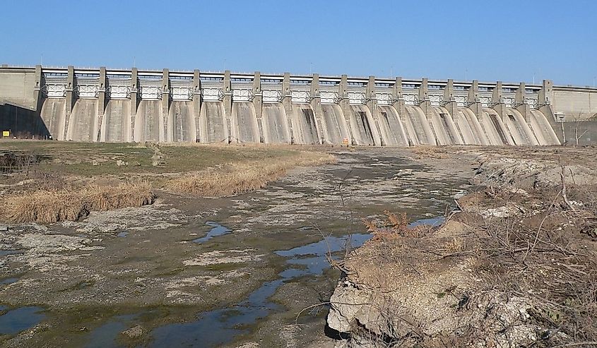 Outlet structure of Harlan County Dam, on the Republican River in Harlan County, Nebraska.