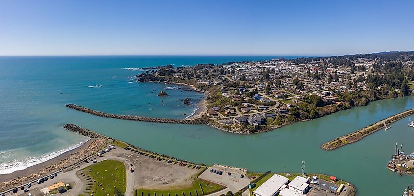 Panoramic view of Brookings, Oregon jetty and harbor entrance, captured by drone.