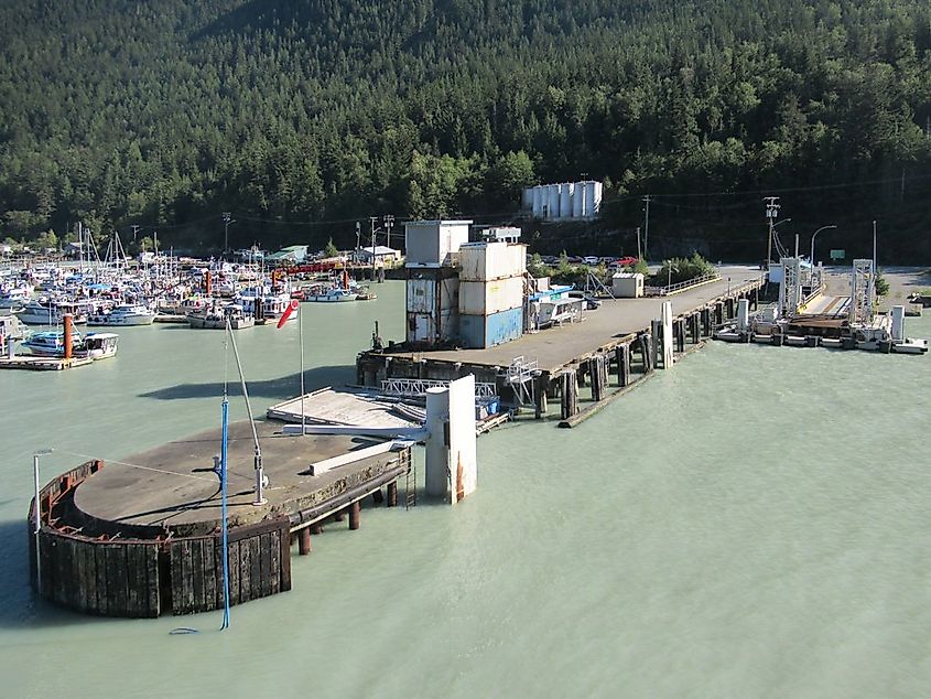 The BC ferry Northern Sea Wolf ties up at the public wharf in Bella Coola, British Columbia, Canada.