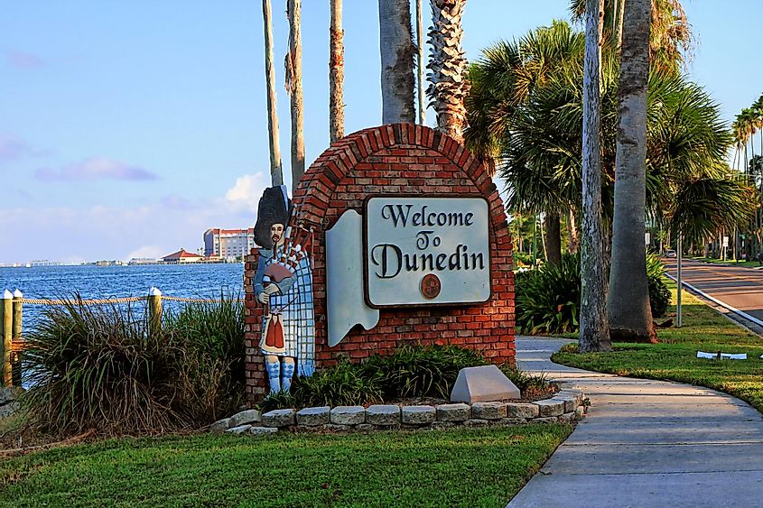 Sign welcoming visitors to Dunedin, Florida.