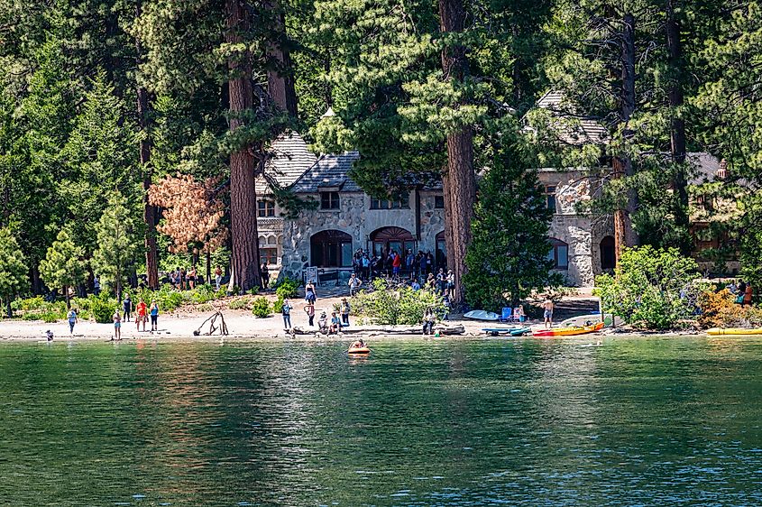 Photo of the Vikingsholm Castle and beach area in Emerald Bay, Lake Tahoe.