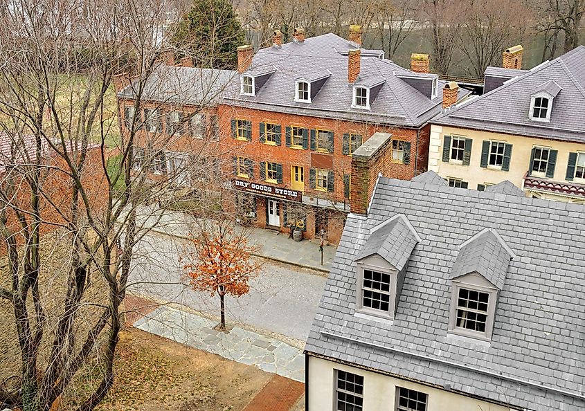 Harper's Ferry, West Virginia: Aerial view of historic downtown with rooftops and storefronts.