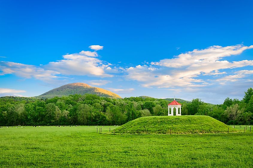 The Nacoochee Mound archaeological site with Mount Yonah in the distance in Helen, Georgia