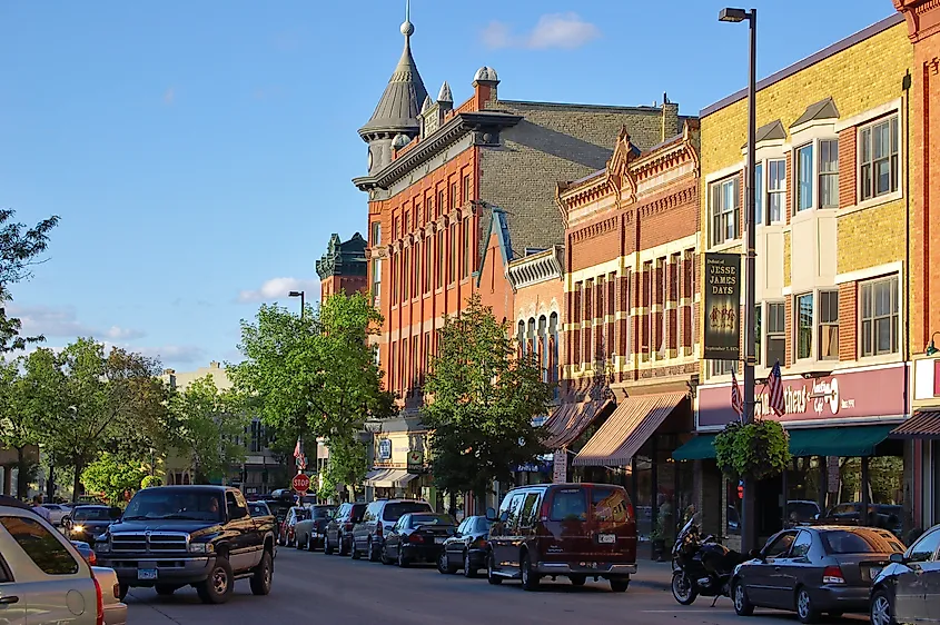 View of downtown buildings in Northfield, Minnesota.