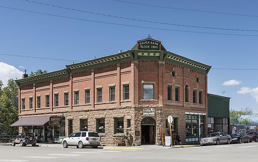 Historical 1905 Bauer Bank Block commercial building in Mancos, Colorado. 