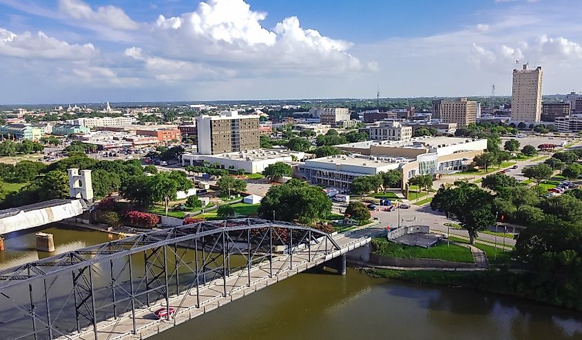 Aerial view downtown Waco from Washington Avenue Bridge cross Brazos River.