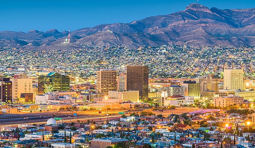 El Paso, Texas, USA downtown city skyline at dusk with Juarez, Mexico in the distance.