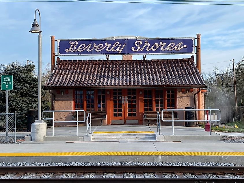 Beverly Shores' quirky pink and blue train depot.