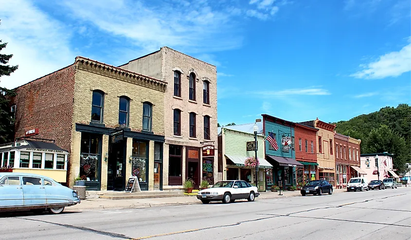 Historic buildings along Parkway Avenue in the business district of Lanesboro, Minnesota.
