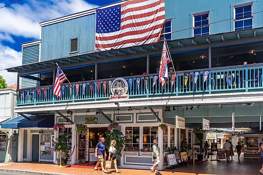 Many restaurants and retail businesses are located in the town of Lahaina on Maui Island