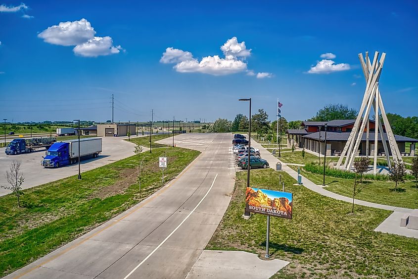 Brandon, South Dakota, United States 7-16-2023 Aerial View of the State Welcome Sign on Interstate 90