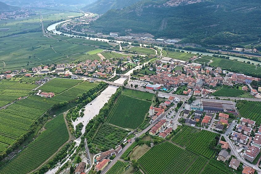 Aerial view of Vallagarina, the Adige river valley 