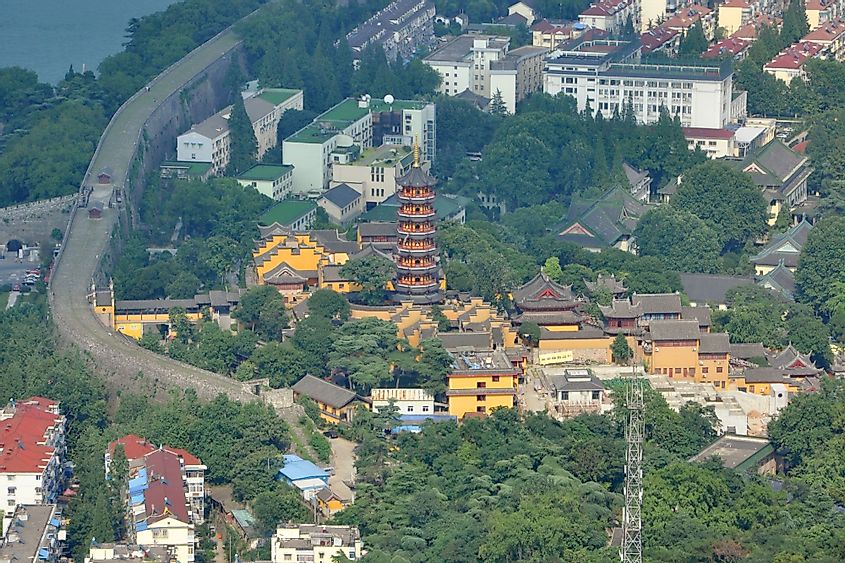 Aerial view of the Jiming Temple and the Nanjing City Wall in Nanjing, China