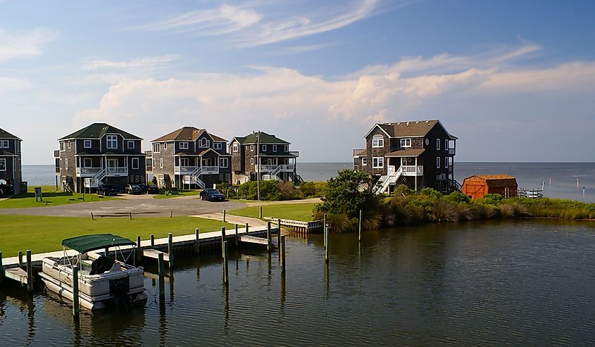 Homes and boats on the water in Avon, North Carolina