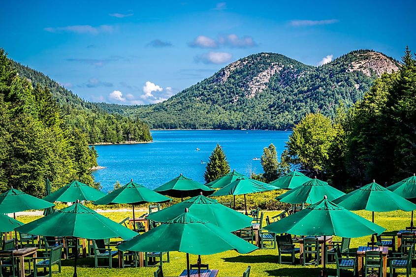 The Jordan Pond House Restaurant in Acadia National Park, Maine. Editorial credit: Cheri Alguire / Shutterstock.com