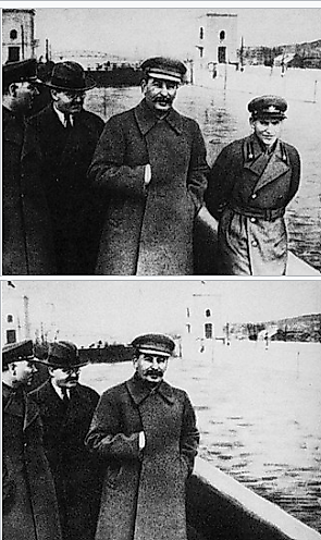 Nikolai Yezhov (right) with Stalin and Molotov (left) along the Volga-Don Canal. Stalin would later re-release the image with his Yezhov erased as part of his purge of political enemies