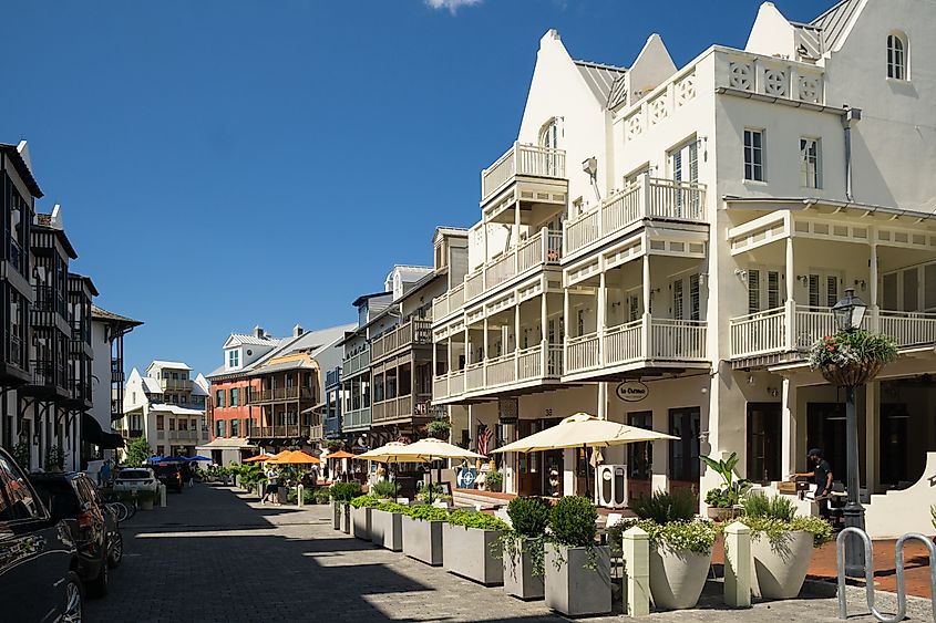 Sunny street scene in Rosemary Beach, FL.