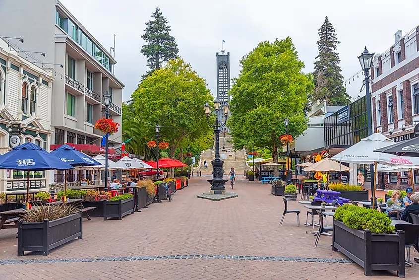 Trafalgar Street leading to Christ Church Cathedral in Nelson, New Zealand.