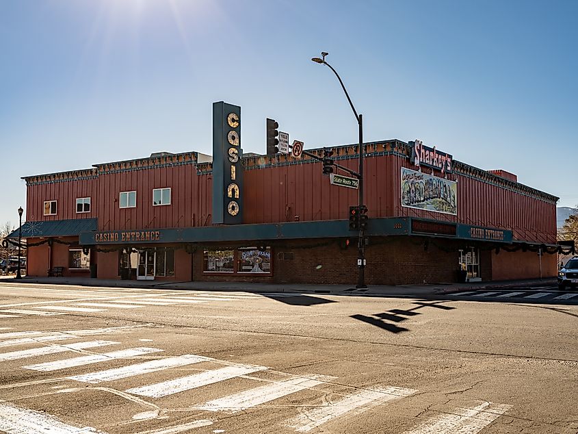Gardnerville, Nevada - USA - November 29, 2021: Historic Sharkey's Casino located on Highway 395 in downtown Gardnerville, Nevada. The Casino originally built in the 1890's as a Corner Saloon.