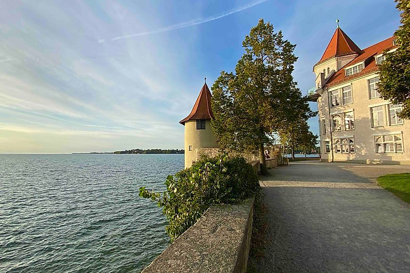 Lake Constance at dusk with old buildings in Lindau