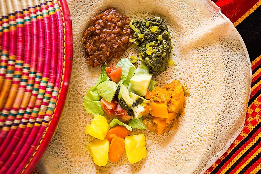 Ethiopian injera with food. 