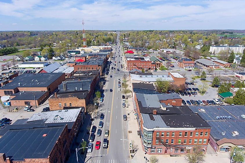 Potsdam downtown aerial view on Main Street and Market Street in town of Potsdam, Upstate New York