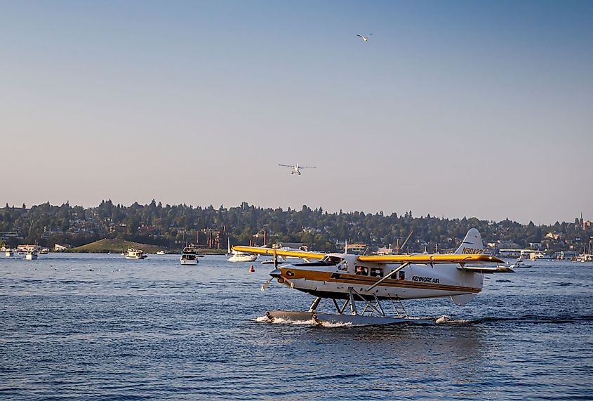 A shot of a Kenmore Air operated seaplane taking off from Lake Union.