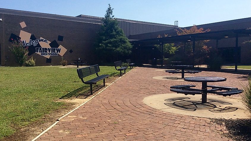 Patio and tables at the main entrance to Fairview High School in Fairview, Tennessee