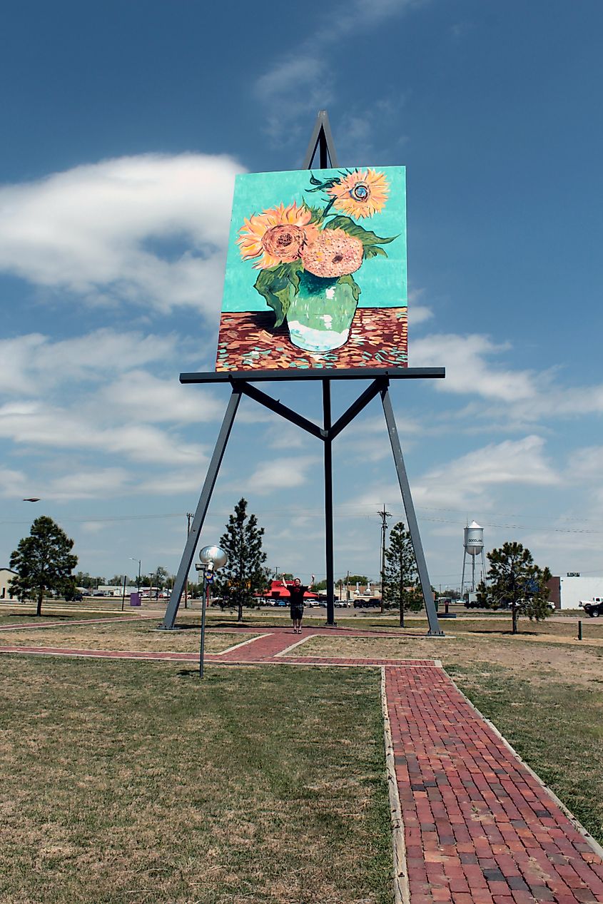 Oversized reproduction of van Gogh's Sunflowers.