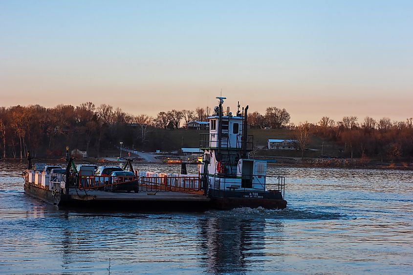 The Golden Eagle Ferry churns across the Mississippi River from St. Charles, Missouri