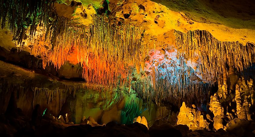Colored lights in the cave at Florida Caverns State Park