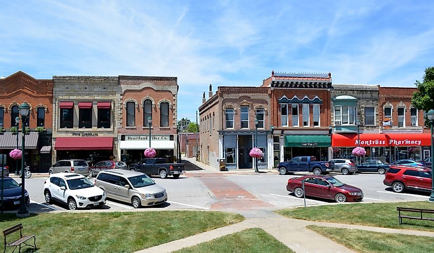 View of downtown Winterset, Iowa from the courthouse square.