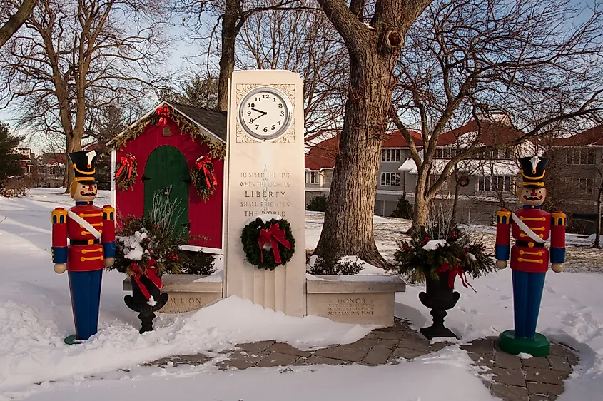 Wooden soldiers guard the clock in Exchange Park in Vermilion, Ohio