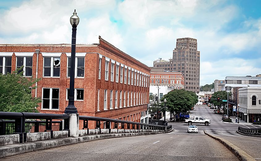 The view of downtown Meridian, from the top of a bridge over the railroad tracks