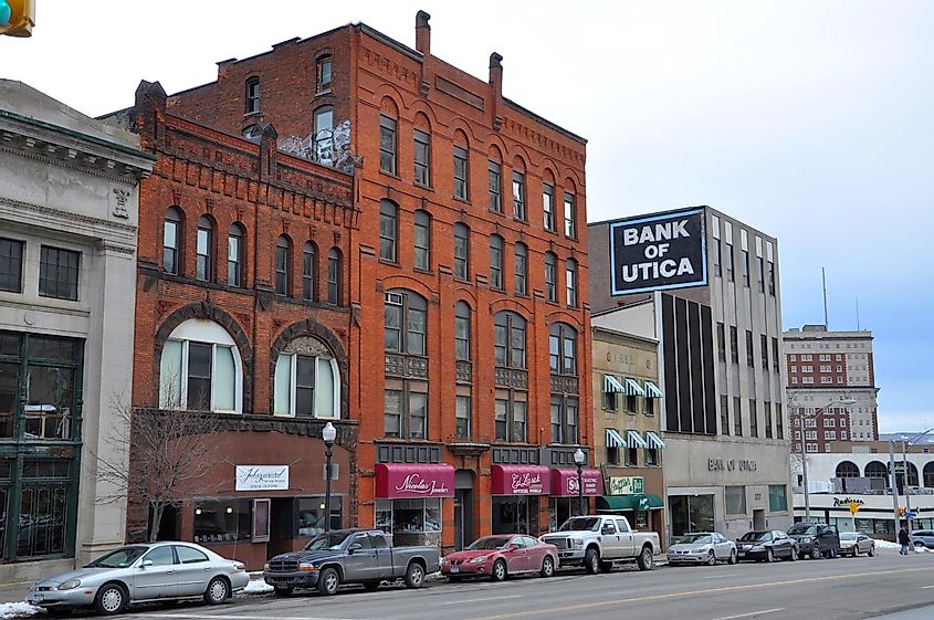 Historic commercial building on Lower Genesee Street at Washington Street in downtown Utica, New York State