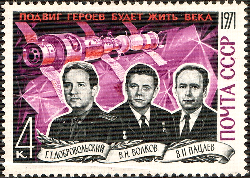 The Soyuz 11 Crew Members of 1971 on a Commemorative Stamp