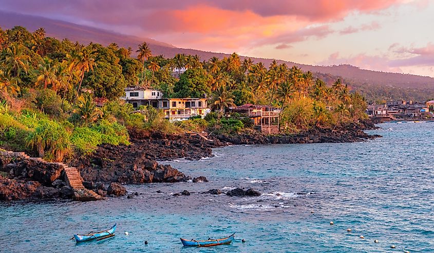 Sunset boats in holiday paradise resort on Grand Comore island, Comoros