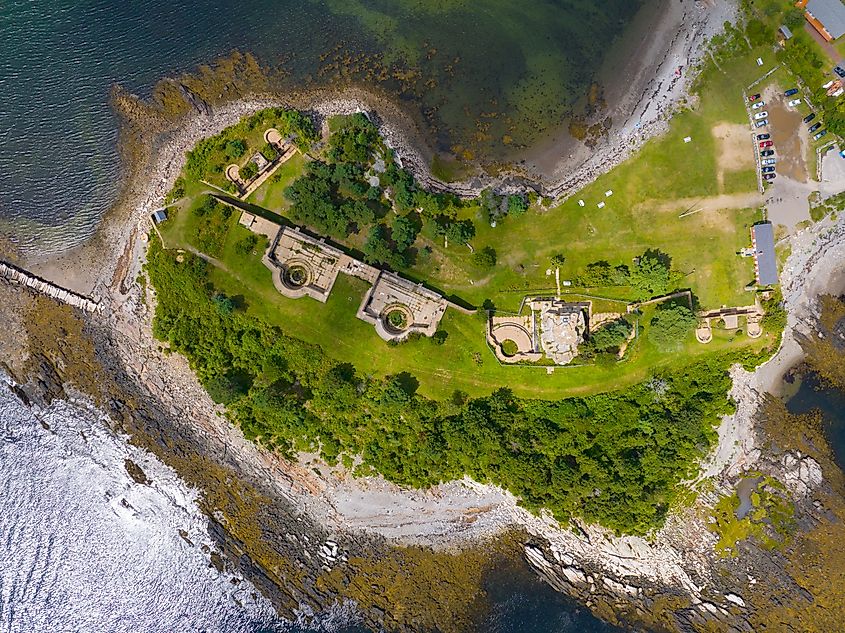 Aerial view of the Fort Stark State Historic Site at the mouth of the Piscataqua River in New Castle, New Hampshire